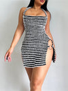 Fuzzy Stripe Side Slit Halter Mini Dress