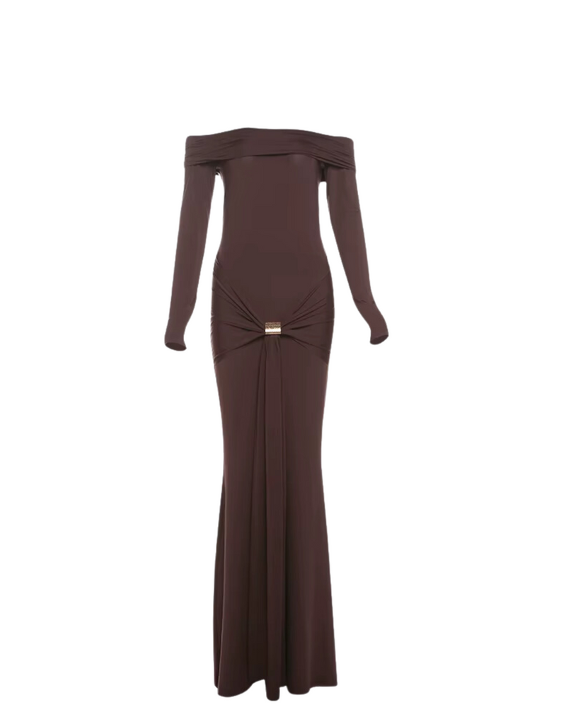 Golden Luxe Off Shoulder Gown