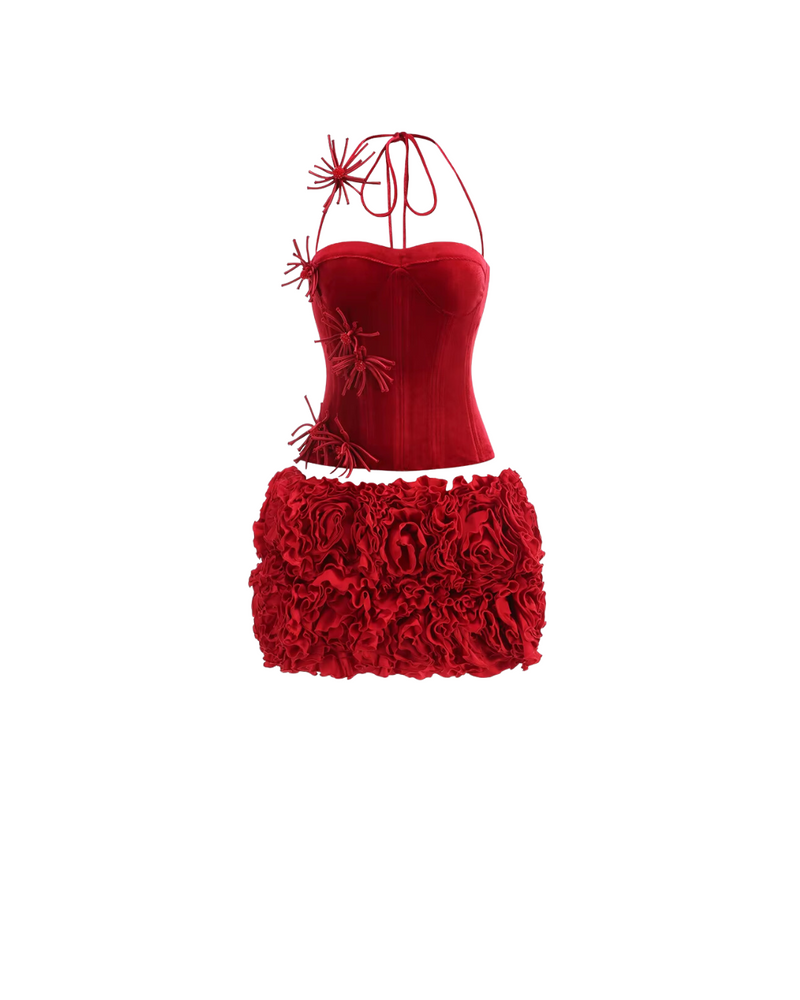 Halter Lace Back Rosette Two Piece
