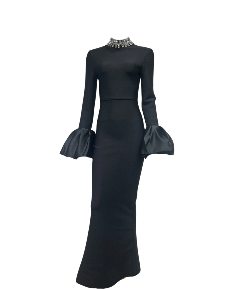Diamond Neck Flare Sleeve Bandage Maxi