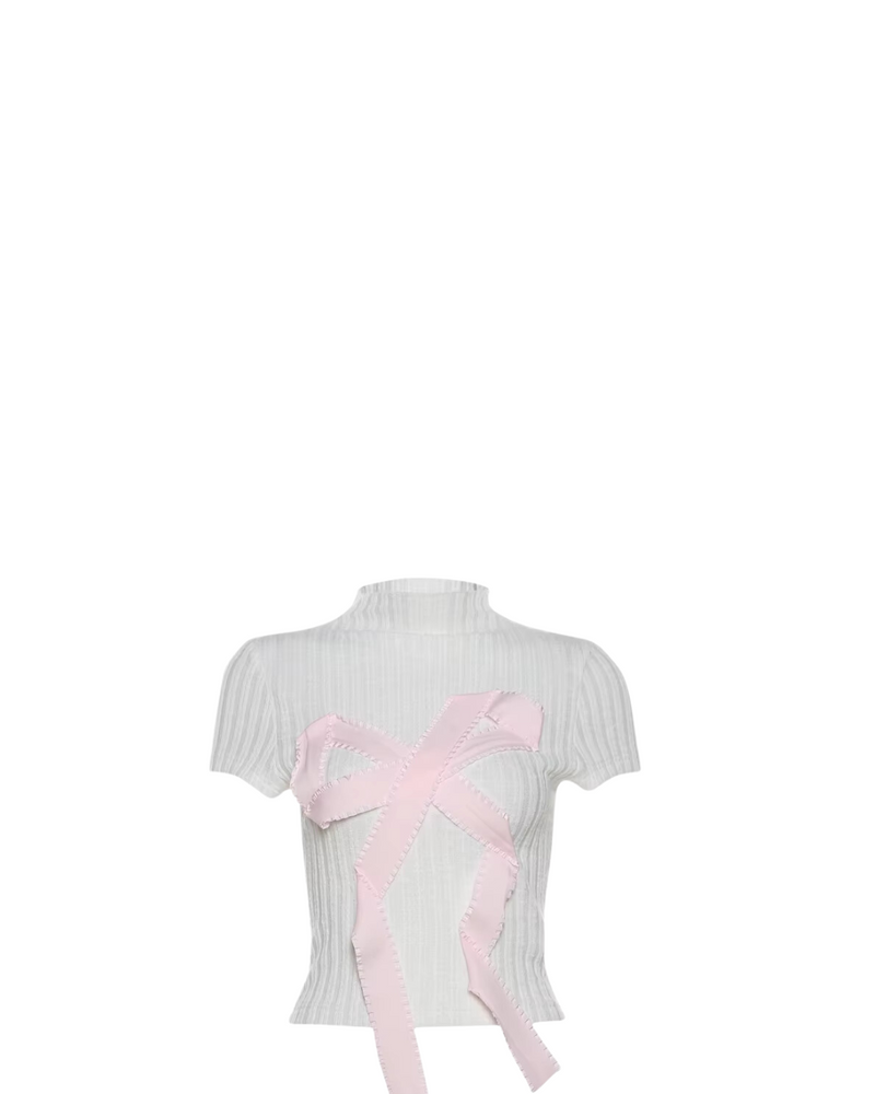 Bow Mock Neck Tee - White