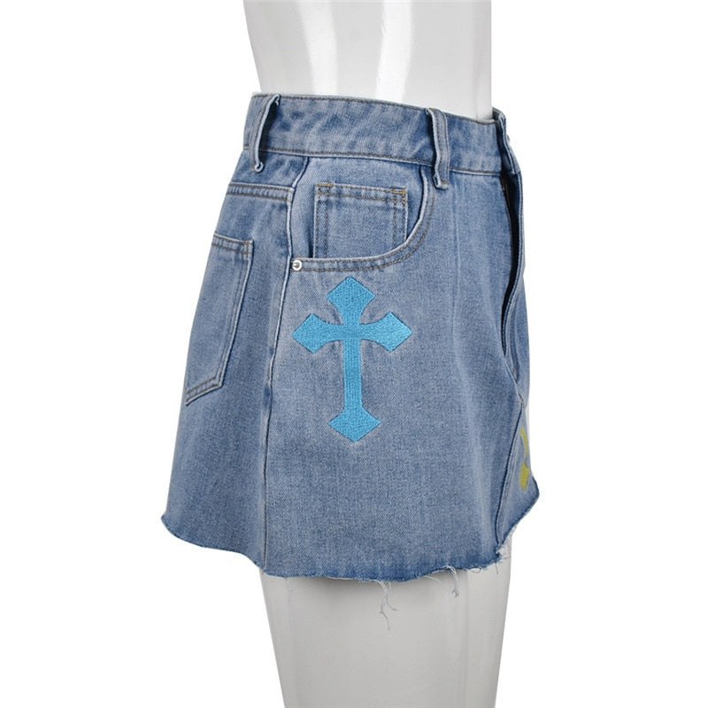 Bless Up Embroidered Denim Mini Skirt
