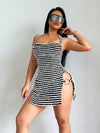 Fuzzy Stripe Side Slit Halter Mini Dress