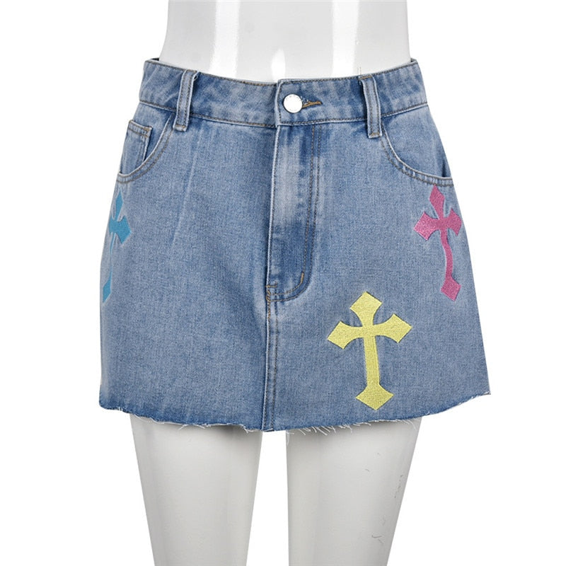 Bless Up Embroidered Denim Mini Skirt