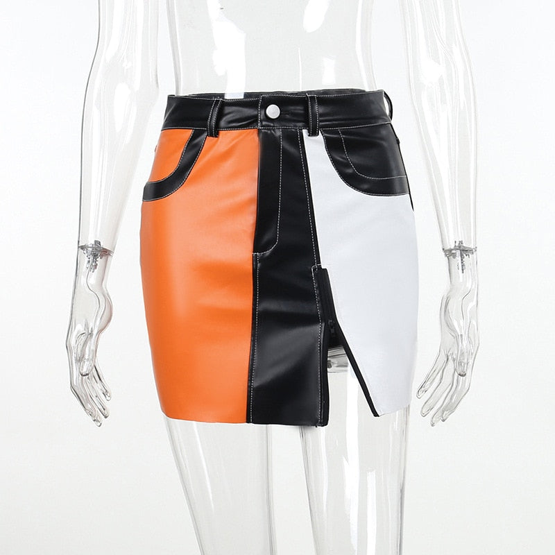 Faux Leather Color-block Skirt