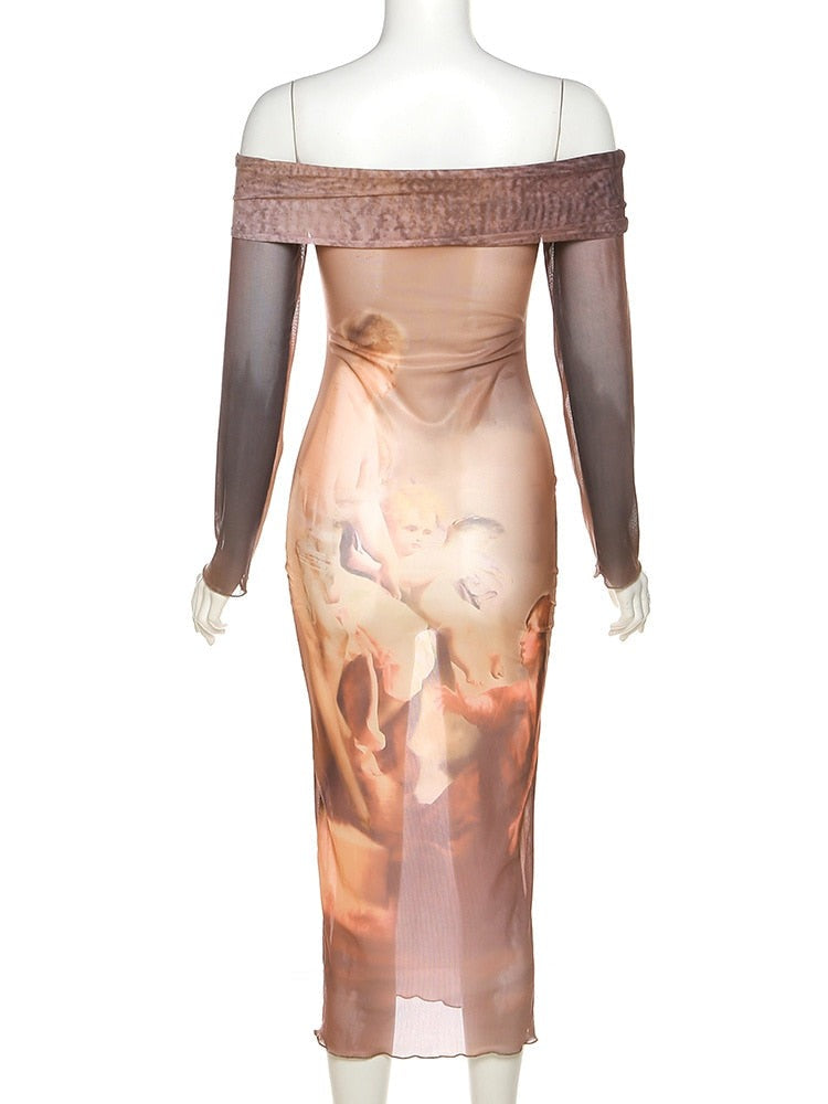 Soft Girl Era Printed Mesh Midi Dress