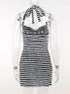 Fuzzy Stripe Side Slit Halter Mini Dress