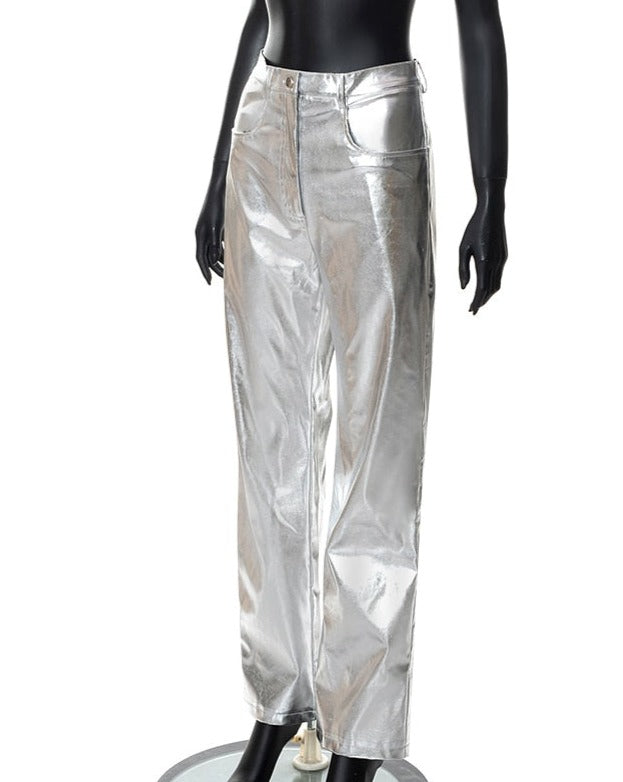 Metallic Straight Leg PU Pant