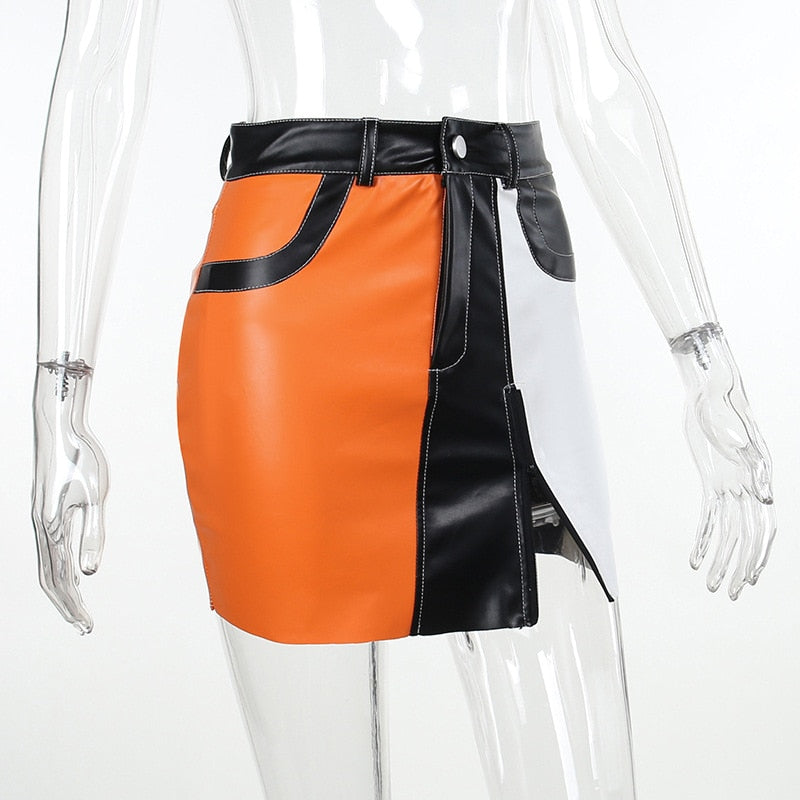 Faux Leather Color-block Skirt