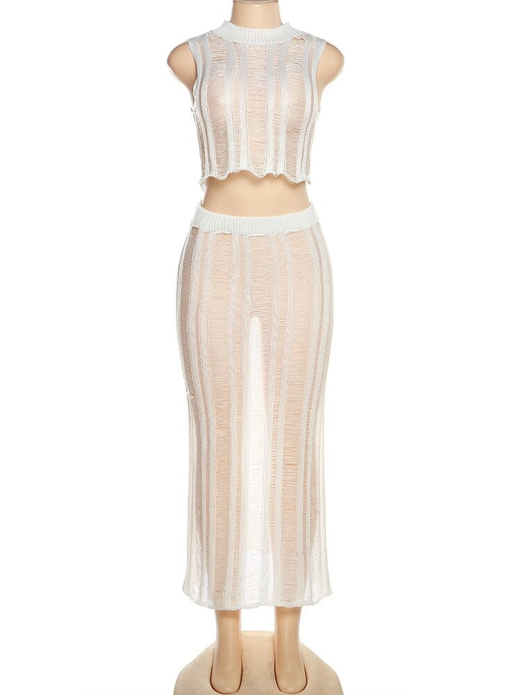 White Knit Two Piece Skirt Set