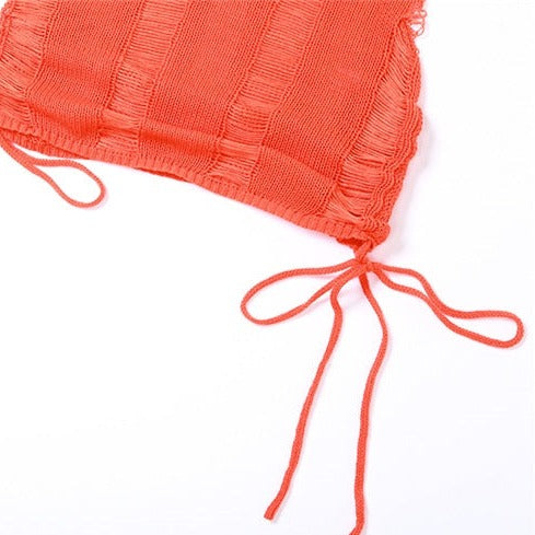 Distressed Crochet Halter Mini Dress