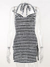 Fuzzy Stripe Side Slit Halter Mini Dress