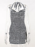 Fuzzy Stripe Side Slit Halter Mini Dress