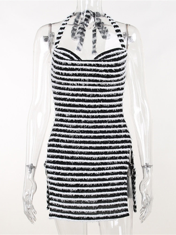 Fuzzy Stripe Side Slit Halter Mini Dress
