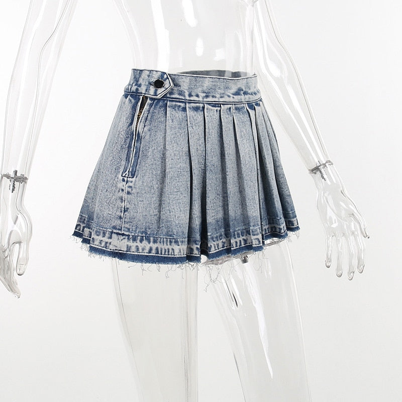 Baddie Pleated Washed Denim Mini Skirt