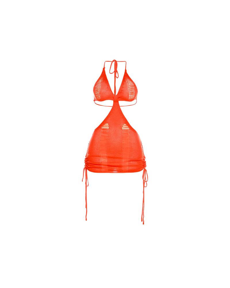 Distressed Crochet Halter Mini Dress