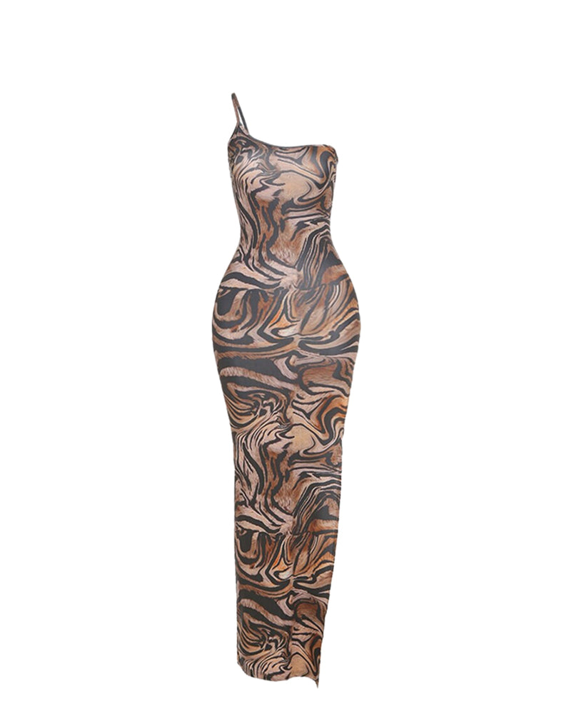 Latte Swirl One Shoulder Maxi Dress