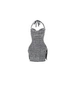 Fuzzy Stripe Side Slit Halter Mini Dress