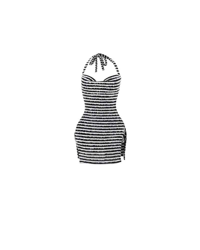 Fuzzy Stripe Side Slit Halter Mini Dress