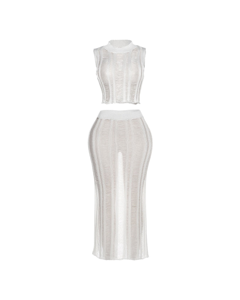 White Knit Two Piece Skirt Set