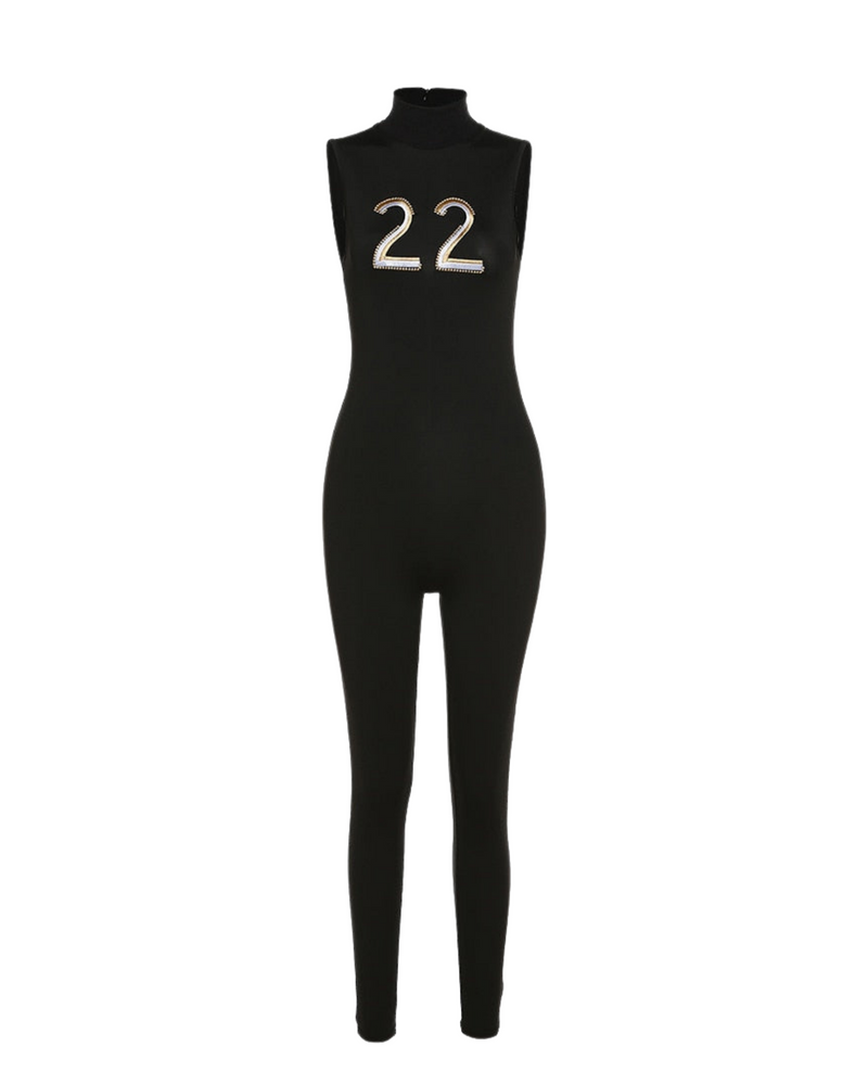 Letter Embroidery Jumpsuit - Black
