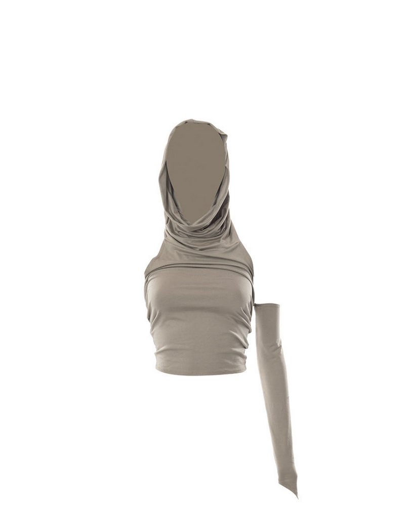 Hooded One Sleeve Knot Back Top