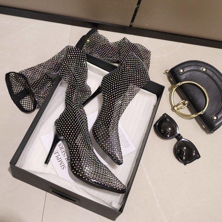 Rhinestone Fishnet Thigh High Boot