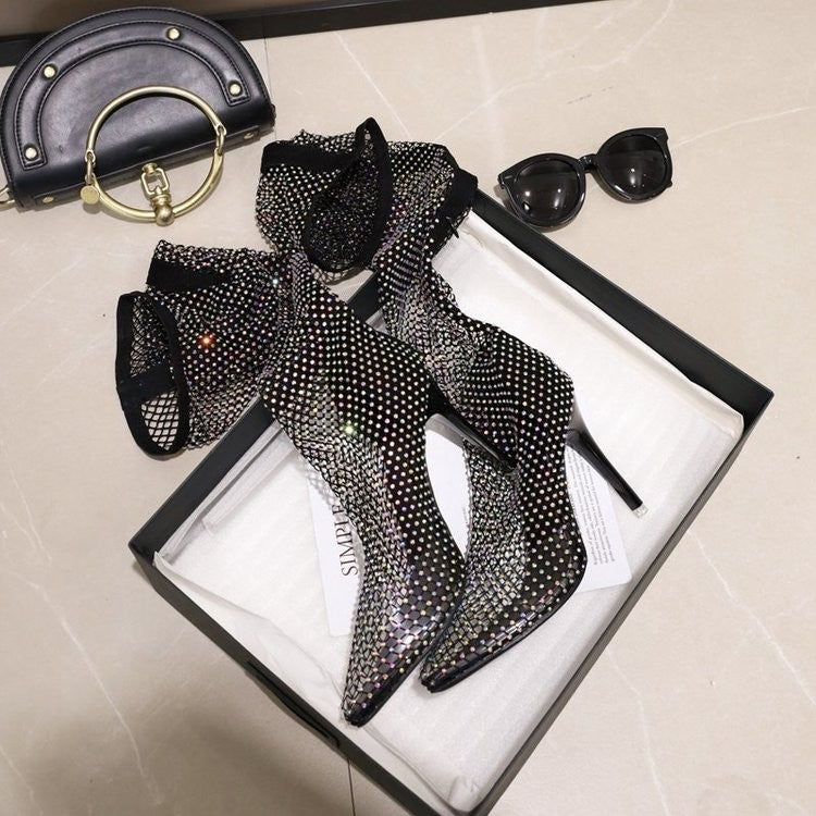 Rhinestone Fishnet Thigh High Boot