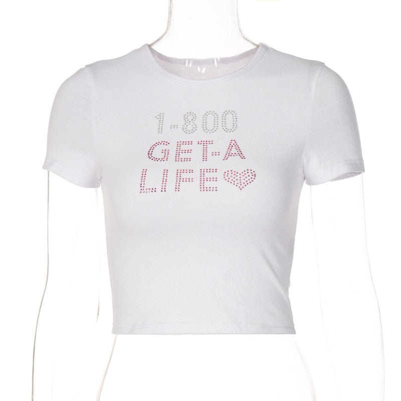 Y2K Letter Rhinestone Baby Tee