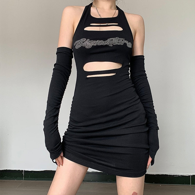 Rhinestone Letter Cut Out Halter Mini