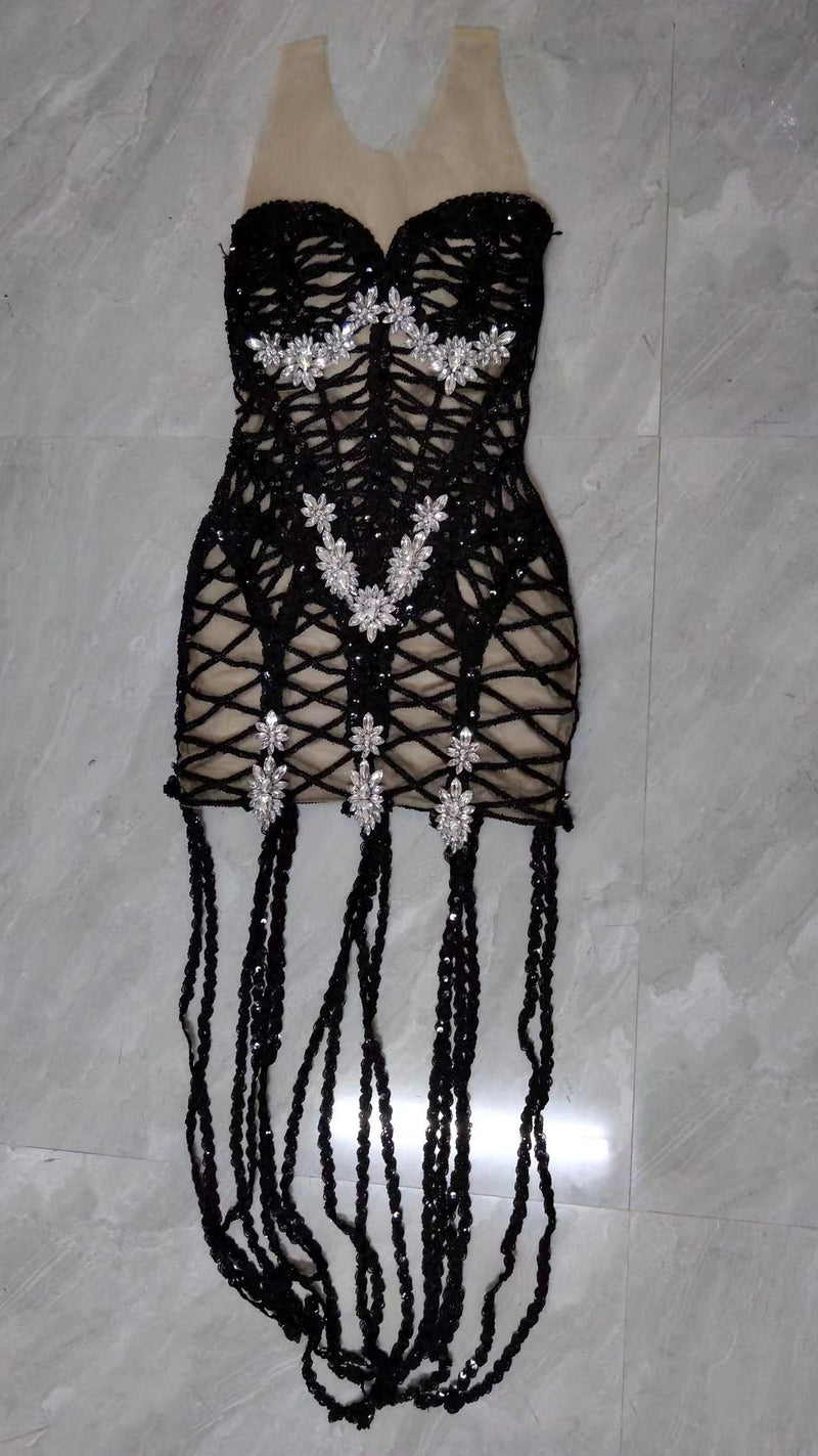 Nyla Silver Crystal Transparent Mesh Dress