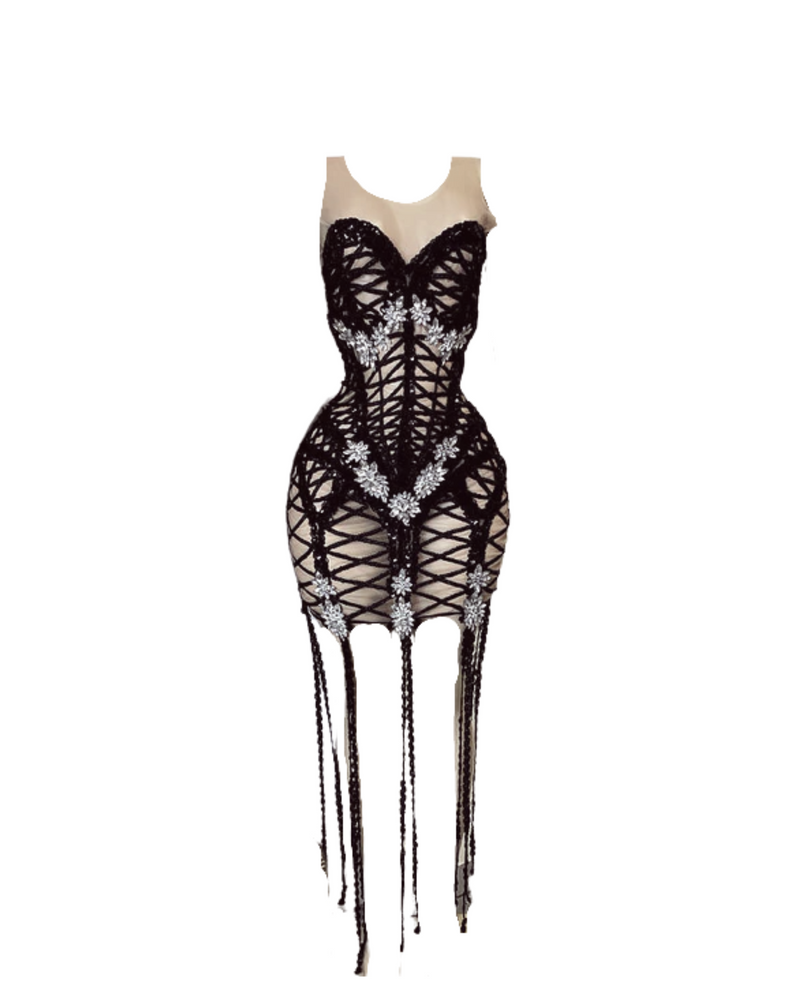 Nyla Silver Crystal Transparent Mesh Dress