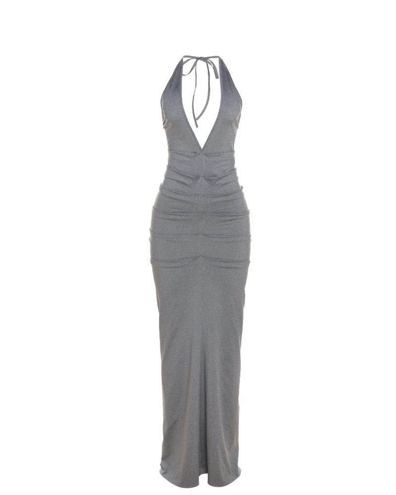 Slinky Ruched Halter Maxi Dress