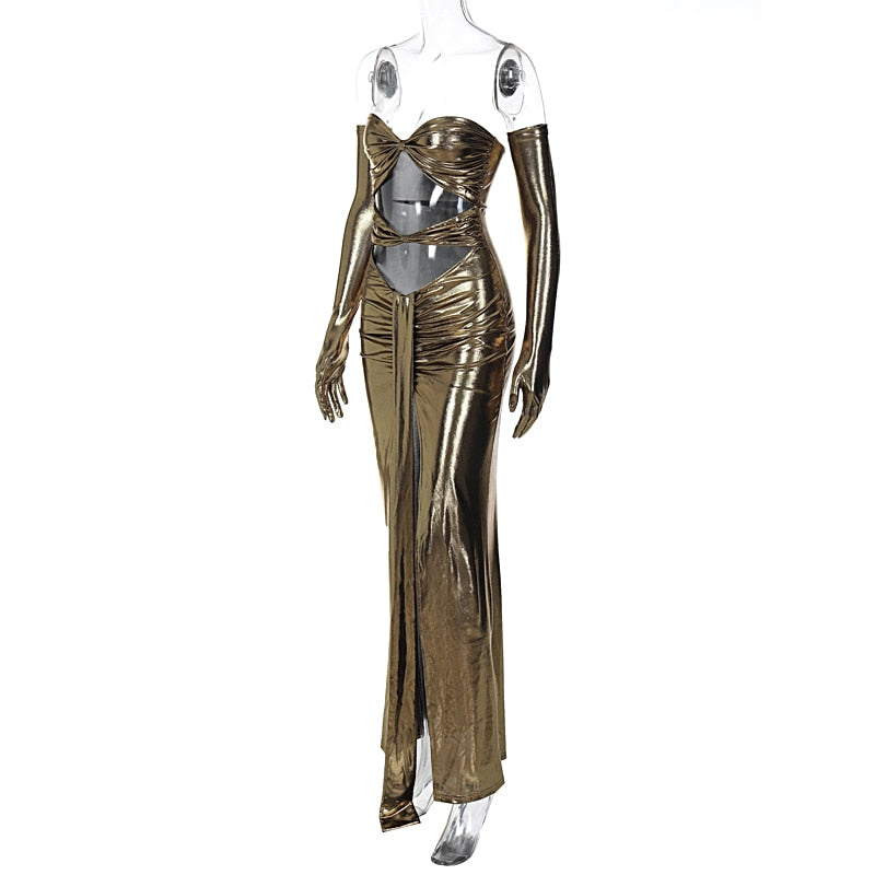 Cut Out Metallic Dress With Gloves