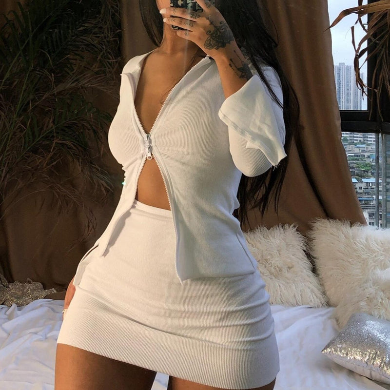 Zip Up Knit Two Piece Skirt Set