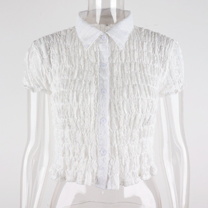 Shirred Lace Button Down Crop Top