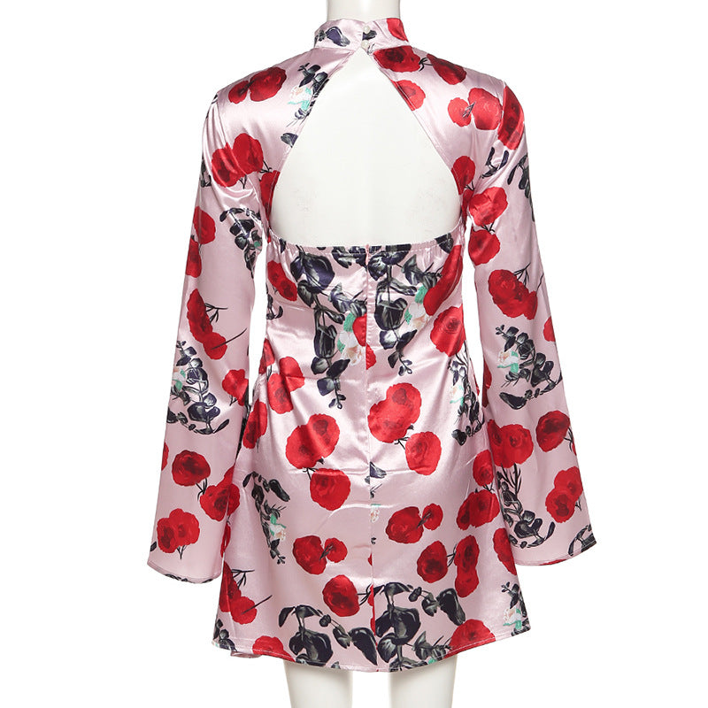 Rose Print Satin Mini Dress